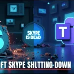 A split-screen design contrasts Skype's shutdown (left: crumbling retro monitor with fading logo, gravestones, and pixelated calls) with Microsoft's AI-driven future (right: holographic Teams interface, glowing robots, neural networks, and 'Copilot' AI assistant). Central glowing text reads 'Skype is Dead. AI is Here,' with dystopian surveillance motifs and cyberpunk neon accents.