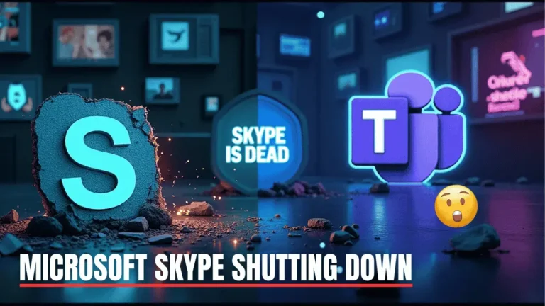 A split-screen design contrasts Skype's shutdown (left: crumbling retro monitor with fading logo, gravestones, and pixelated calls) with Microsoft's AI-driven future (right: holographic Teams interface, glowing robots, neural networks, and 'Copilot' AI assistant). Central glowing text reads 'Skype is Dead. AI is Here,' with dystopian surveillance motifs and cyberpunk neon accents.