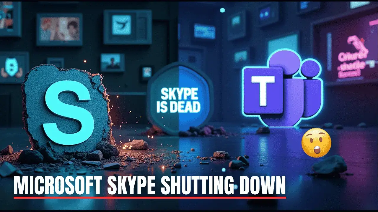 A split-screen design contrasts Skype's shutdown (left: crumbling retro monitor with fading logo, gravestones, and pixelated calls) with Microsoft's AI-driven future (right: holographic Teams interface, glowing robots, neural networks, and 'Copilot' AI assistant). Central glowing text reads 'Skype is Dead. AI is Here,' with dystopian surveillance motifs and cyberpunk neon accents.